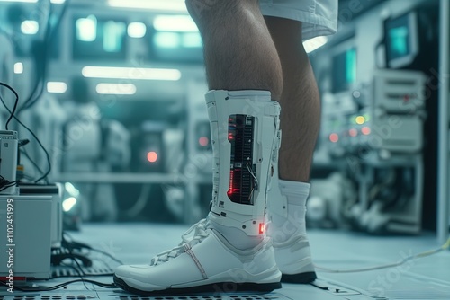 Technology enhances human capabilities with advanced robotic leg brace in futuristic lab setting photo