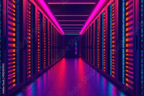 Access control permissions and encryption, A vibrant data center corridor illuminated with pink and blue lights, showcasing rows of servers in a high-tech environment.