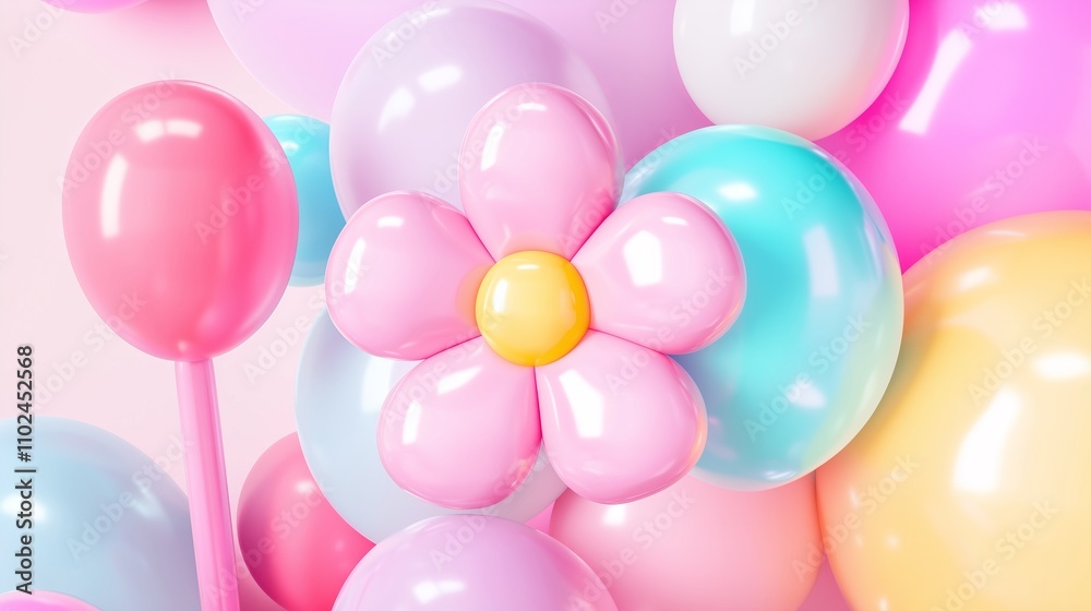 3d render style flying flower shaped balloons, chunky, solid color background, surreal 3d render style flying flower shaped balloons, chunky, solid color background, surreal