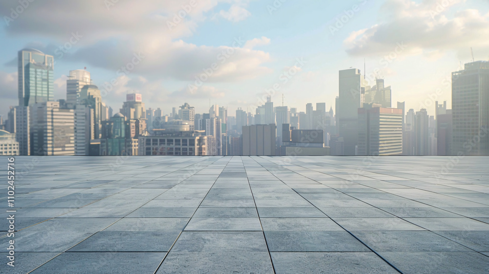 Empty square floor with city skyline and building background. Empty square floor with city skyline and building background.