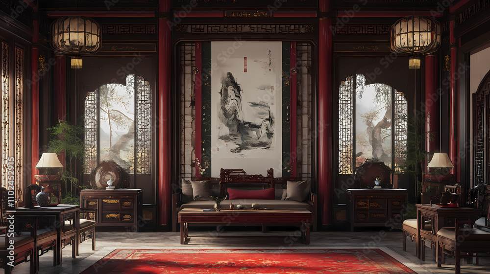 Fototapeta premium Chinese interior design with red accents. Archaic. Illustration