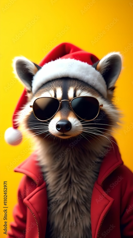Happy New Year banner, raccoon in Santa Claus hat and sunglasses on yellow background Happy New Year banner, raccoon in Santa Claus hat and sunglasses on yellow background
