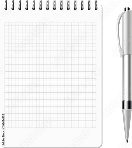 Open notepad with square paper and realistic pen mockup