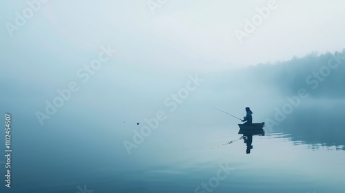 A lone figure sits in a boat and fishes on a misty lake.