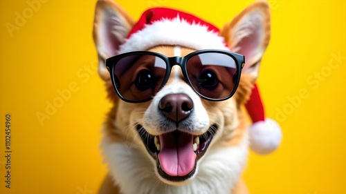 Happy New Year banner, dog in Santa hat and sunglasses on yellow background