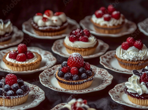 Assorted miniature tarts and cakes arranged on plates, against a dark background