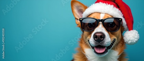 Happy New Year banner, dog in Santa hat and sunglasses on blue background