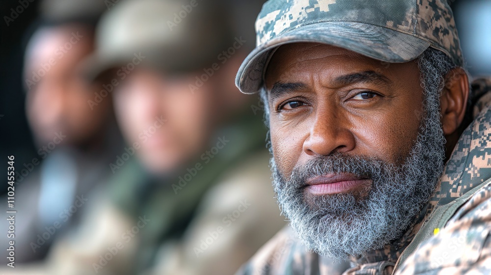 Veteran engaged in strategic planning meeting during a military exercise in a serene setting Veteran engaged in strategic planning meeting during a military exercise in a serene setting