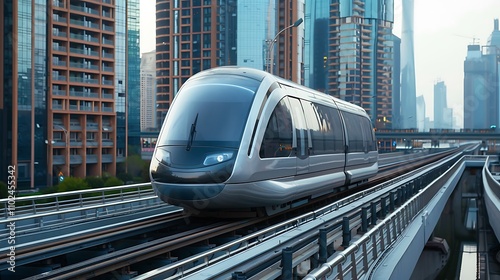 A sleek monorail gliding through the bridge city amidst the skyline