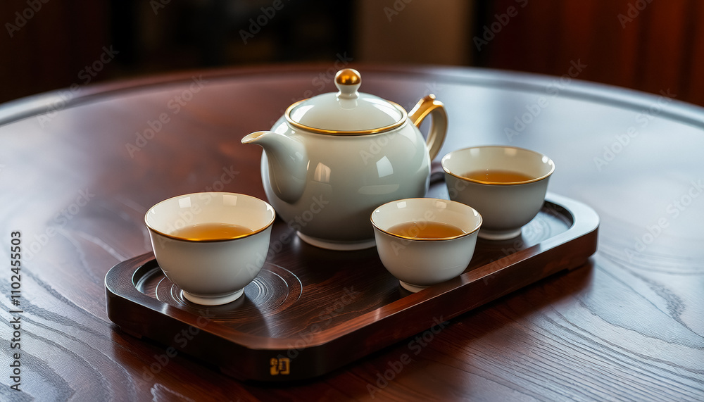 Elegant White Teapot with Cups on Wooden Table Elegant White Teapot with Cups on Wooden Table