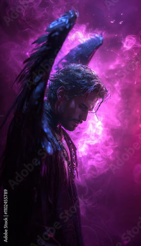 Black angel, man in purple lights and smoke, fog at night. AI generative