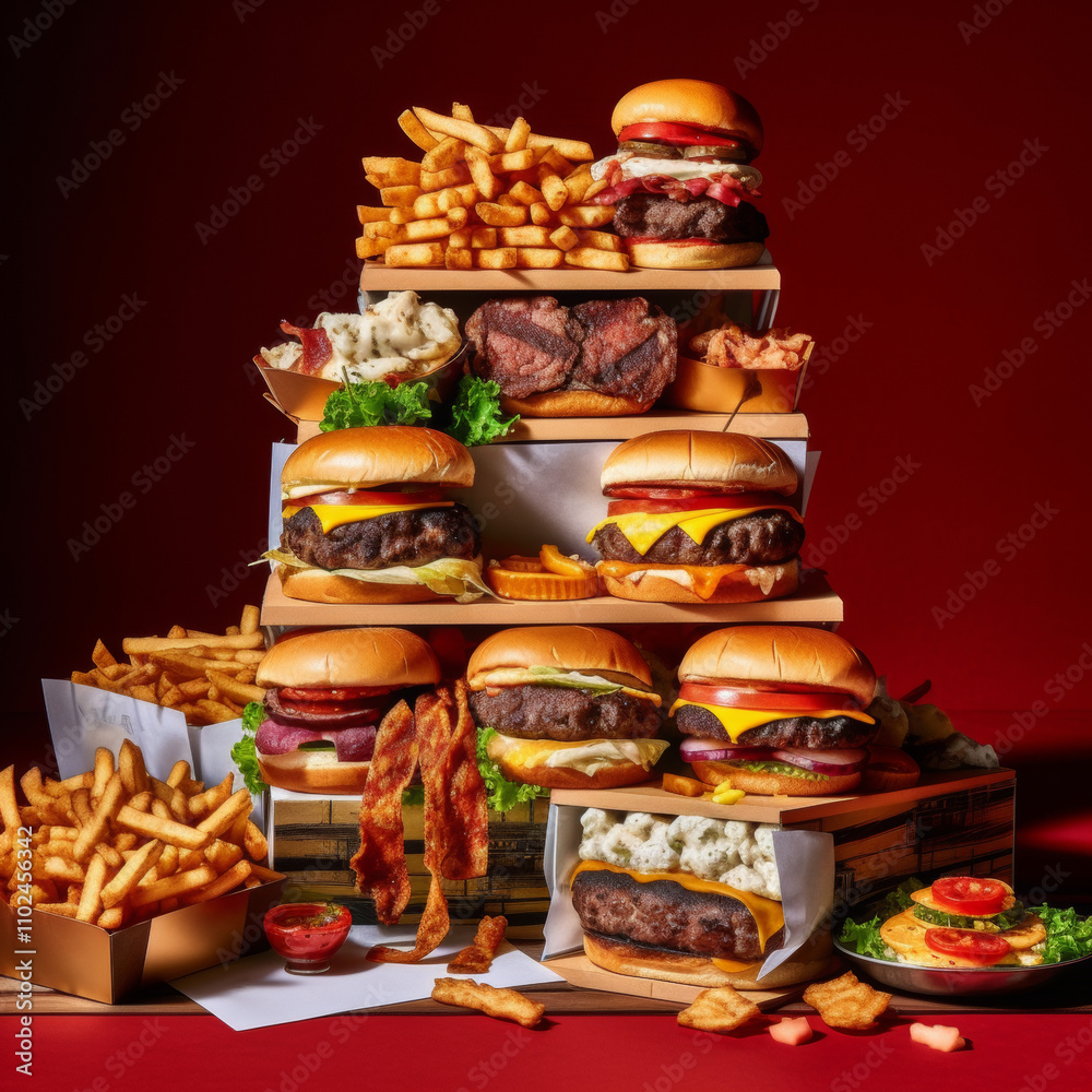 Lots of delicious fresh burgers and fries. Food products harmful to humans. Diet and healthy eating concept Lots of delicious fresh burgers and fries. Food products harmful to humans. Diet and healthy eating concept