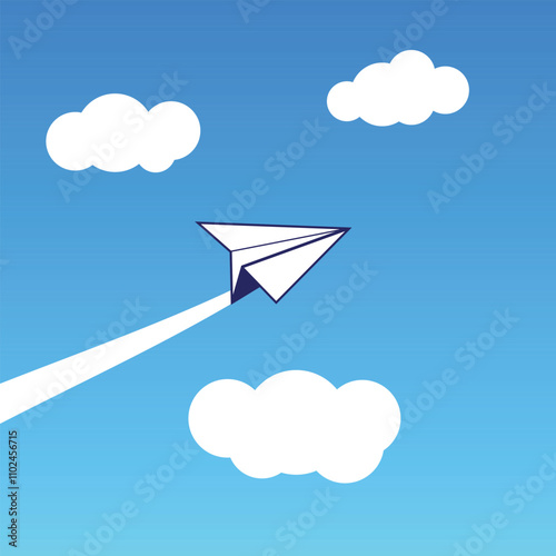 A Beautiful vector illustration of one origami paper toy white plane flying on a blue sky with clouds background