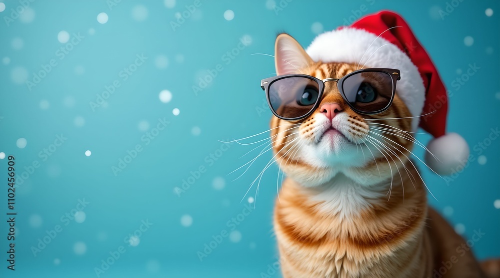 Happy New Year banner, Cat in Santa Claus hat and sunglasses on blue background Happy New Year banner, Cat in Santa Claus hat and sunglasses on blue background