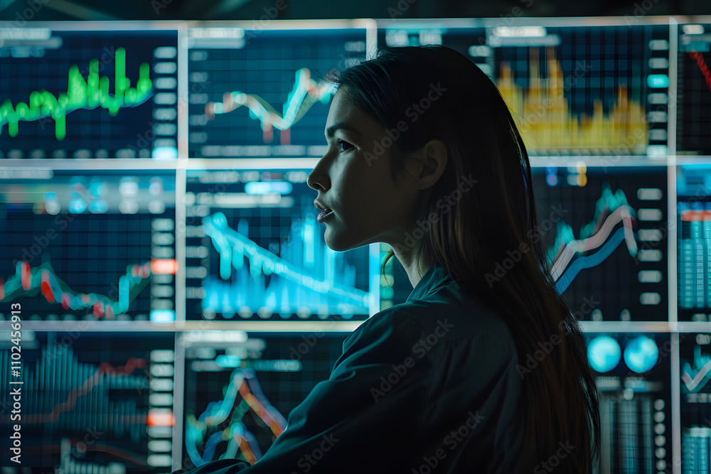 A woman with glasses focuses intently on financial charts and graphs displayed on brightly lit computer monitors, showcasing her dedication to analysis in a high-tech workspace A woman with glasses focuses intently on financial charts and graphs displayed on brightly lit computer monitors, showcasing her dedication to analysis in a high-tech workspace