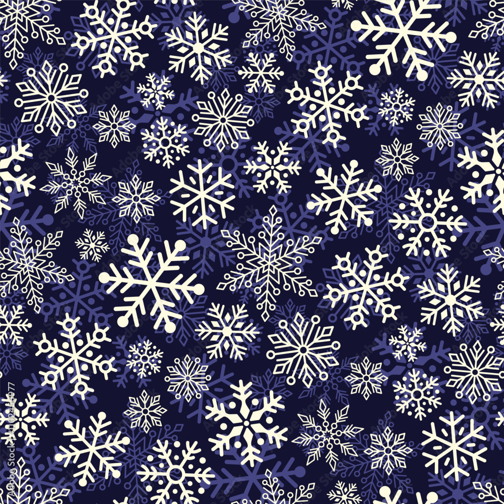 Small different white and purple snowflakes isolated on dark blue background. Cute seamless pattern. Vector simple flat graphic illustration. Texture.