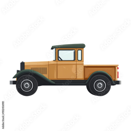 Vintage Pickup Truck Side View isolated on transparent background, cut out, png, cartoon illustration