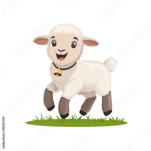 Happy Lamb: A charming cartoon lamb with a cheerful expression and a bell around its neck, prancing on a patch of green grass isolated on transparent background, cut out, png, cartoon illustration photo