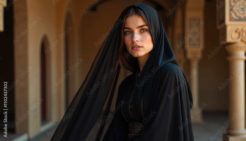 woman dressed in a flowing black garment stands gracefully in a historic courtyard. Arched stone architecture surrounds her, enhancing the serene atmosphere of the setting woman dressed in a flowing black garment stands gracefully in a historic courtyard. Arched stone architecture surrounds her, enhancing the serene atmosphere of the setting