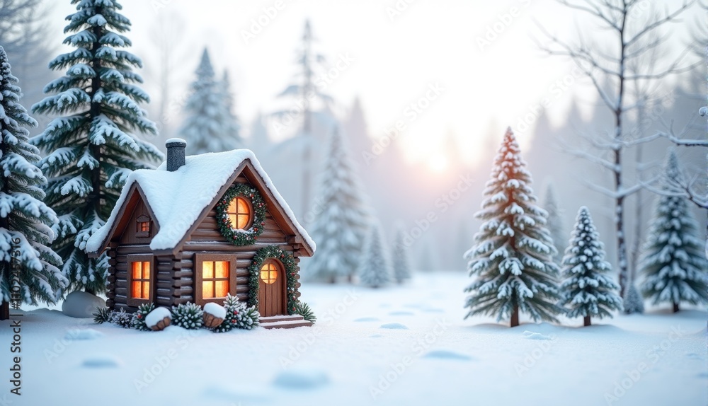 charming wooden cabin nestled in a snowy forest is illuminated from within as the sun sets behind tall evergreen trees. Soft snow covers the ground, creating a serene winter atmosphere