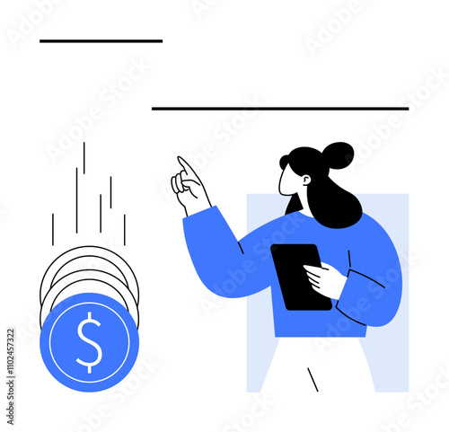 Woman holding tablet points at descending dollar coins. Ideal for finance, technology, business growth, startups, digital marketing, investment education, and economic trends. Line metaphor
