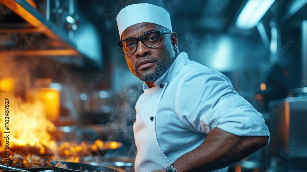 skilled chef stands confidently in a busy kitchen, focused on preparing exquisite dishes. Flames rise as he expertly manages multiple dishes, demonstrating his passion for cooking skilled chef stands confidently in a busy kitchen, focused on preparing exquisite dishes. Flames rise as he expertly manages multiple dishes, demonstrating his passion for cooking