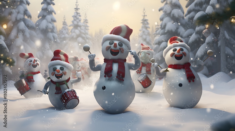 Obraz premium Whimsical snowmen engaging in a lively snowball fight, creating a scene of playful joy in the heart of Christmas