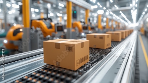 Boxes glide smoothly along a conveyor belt in a high-tech warehouse, highlighting advanced automation for efficient logistics and timely deliveries