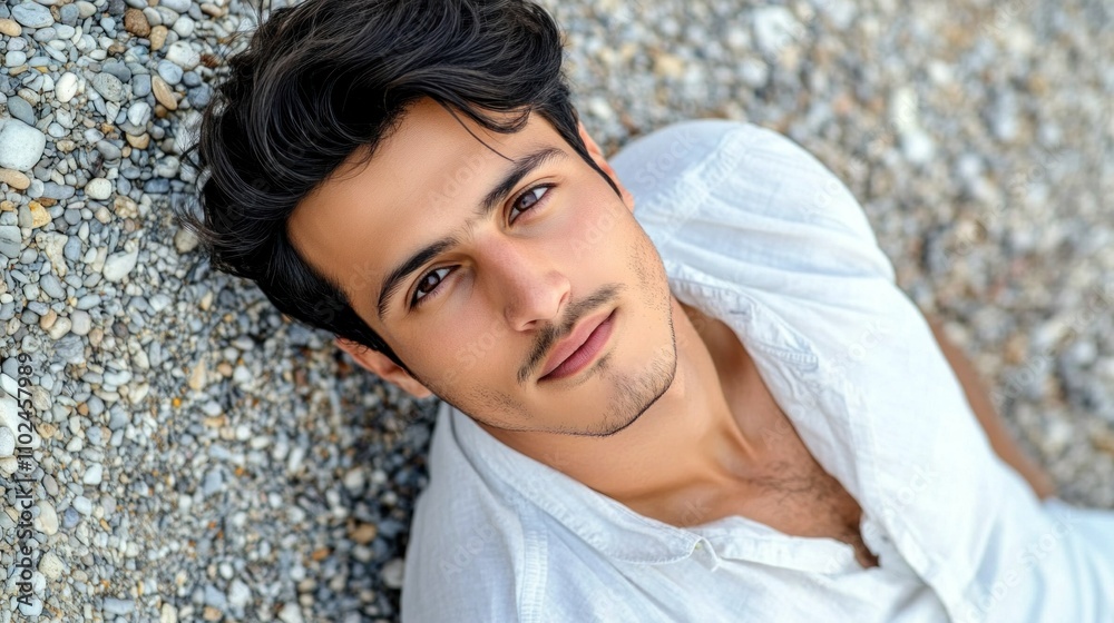 young man lies comfortably on a pebble beach, dressed in a casual white shirt. He gazes directly at the camera, illuminated by bright natural sunlight, showcasing a relaxed demeanor young man lies comfortably on a pebble beach, dressed in a casual white shirt. He gazes directly at the camera, illuminated by bright natural sunlight, showcasing a relaxed demeanor