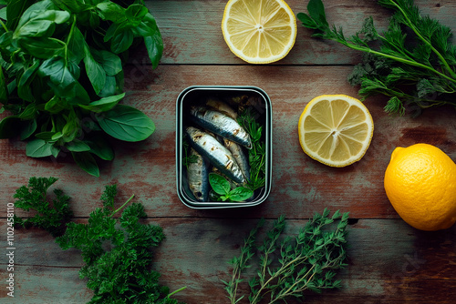 Open tin of sardines garnished with fresh basil and thyme, surrounded by parsley, dill, and lemon halves on a rustic wooden surface photo