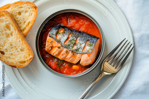 Canned salmon fillet in tomato sauce garnished with dill, served with slices of bread on a white plate with a fork photo