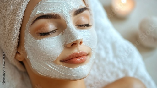 woman lies on a soft surface with her eyes closed, enjoying a facial mask in a calming spa. Soft candlelight enhances the tranquil atmosphere, promoting relaxation and beauty care