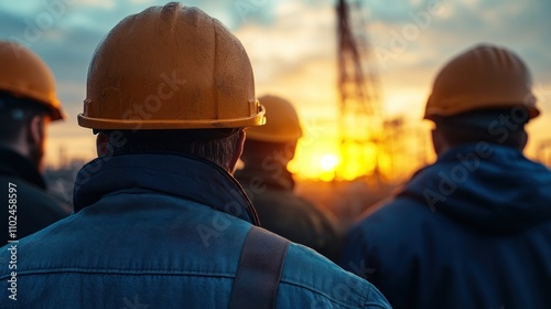 A group of workers in hard hats gathers at an industrial location, gazing at a vibrant sunset that paints the sky with warm colors, symbolizing the end of their workday photo