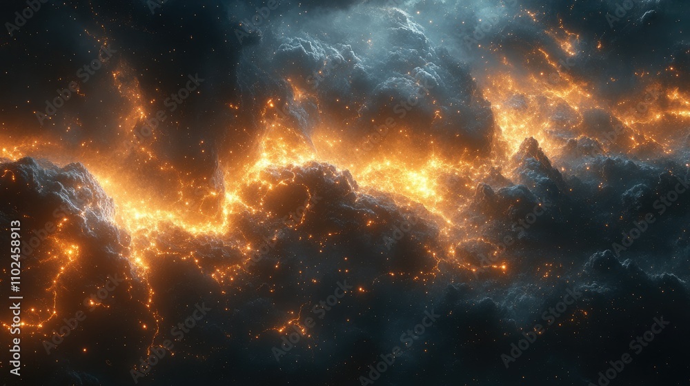 Naklejka premium A vibrant cosmic scene with glowing clouds and stars, evoking a sense of wonder.