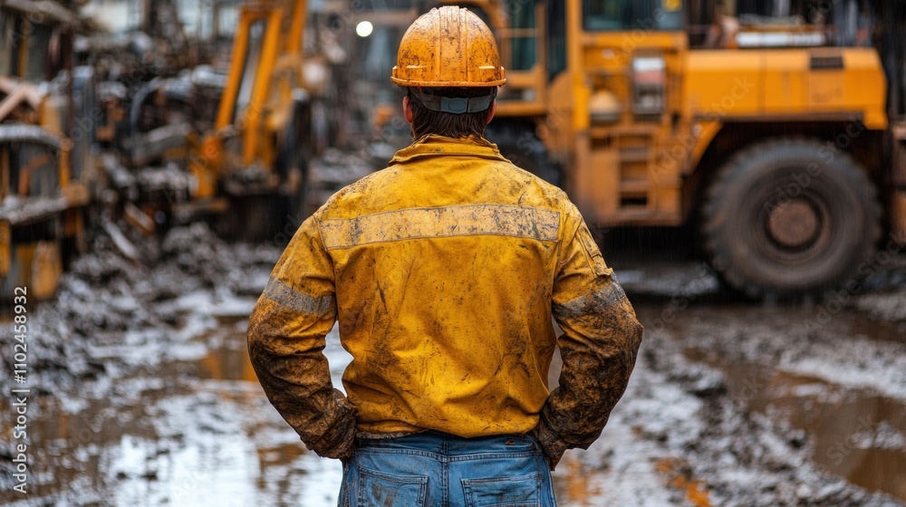 construction worker stands with hands on hips, looking over a muddy site filled with heavy machinery following recent rainfall. yellow jacket contrasts with the surrounding gray mud construction worker stands with hands on hips, looking over a muddy site filled with heavy machinery following recent rainfall. yellow jacket contrasts with the surrounding gray mud