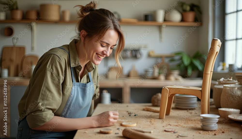 Woman crafting wooden items in a cozy workshop surrounded by tools and materials. Handmade and woodworking concept for design and print. Woman crafting wooden items in a cozy workshop surrounded by tools and materials. Handmade and woodworking concept for design and print.