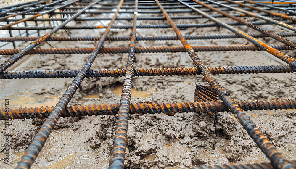 Obraz premium Rebar texture. Reinforcement steel rod. Rusty rebar for concrete pouring. Steel reinforcement bars. Construction rebar steel work reinforcement. Closeup of Steel rebars