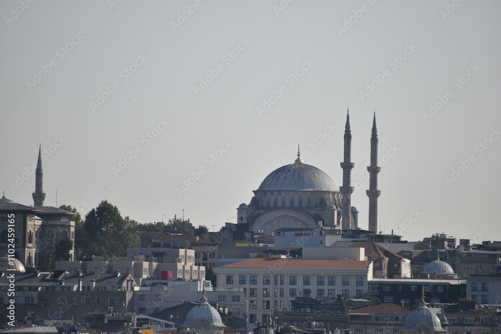 Obraz premium View of a mosque with its iconic dome and minarets rising above the cityscape of Istanbul, surrounded by buildings under a hazy sky 