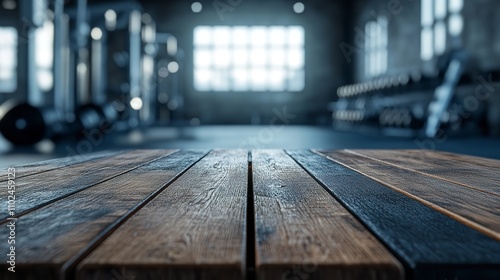  Empty Wooden Table and Gym Background Interior, 8K Realistic photo