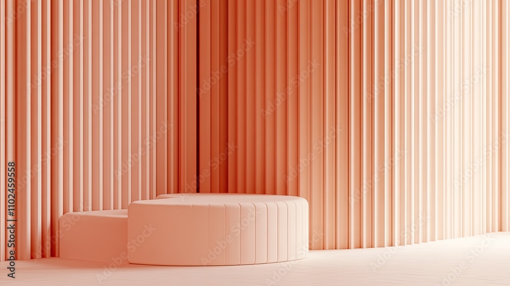 Peach-colored cylindrical podiums against a striped backdrop.