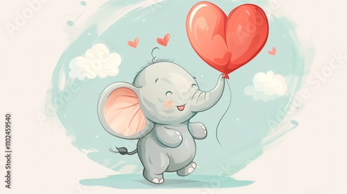 A cute cartoon elephant is holding a red heart-shaped balloon in the sky.