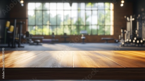  Empty Wooden Table and Gym Background Interior, 8K Realistic photo