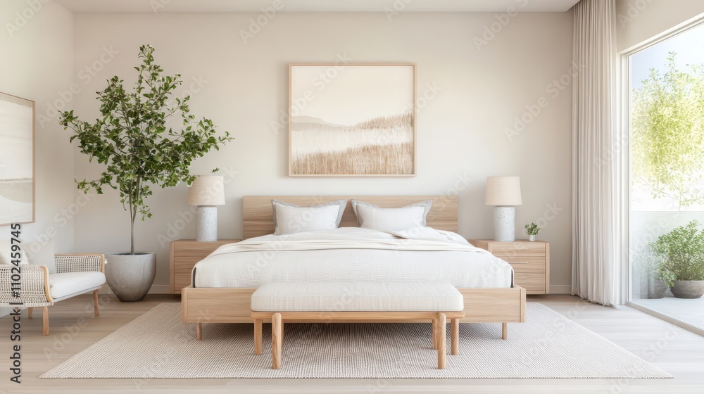 Fototapeta premium Organic modern bedroom featuring walnut furniture and light oak flooring in a serene, minimalist setting