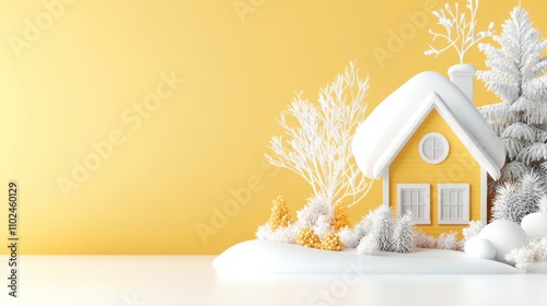 A cozy cartoon village in winter resting on a plain yellow background for a cheerful seasonal touch