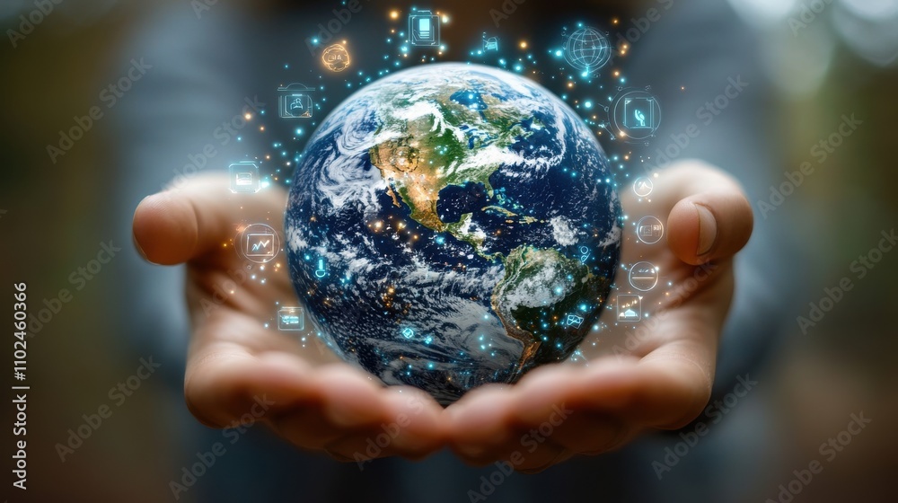 A hand is holding a globe with a lot of icons on it. Generative AI A hand is holding a globe with a lot of icons on it. Generative AI