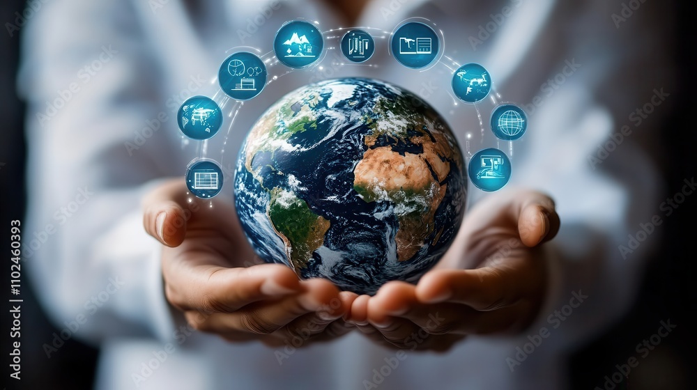 A person is holding a globe with many icons on it. Generative AI