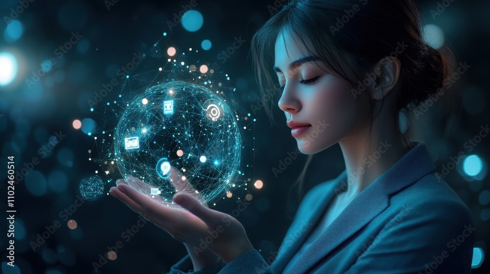 A woman is holding a glowing sphere in her hand. Generative AI A woman is holding a glowing sphere in her hand. Generative AI
