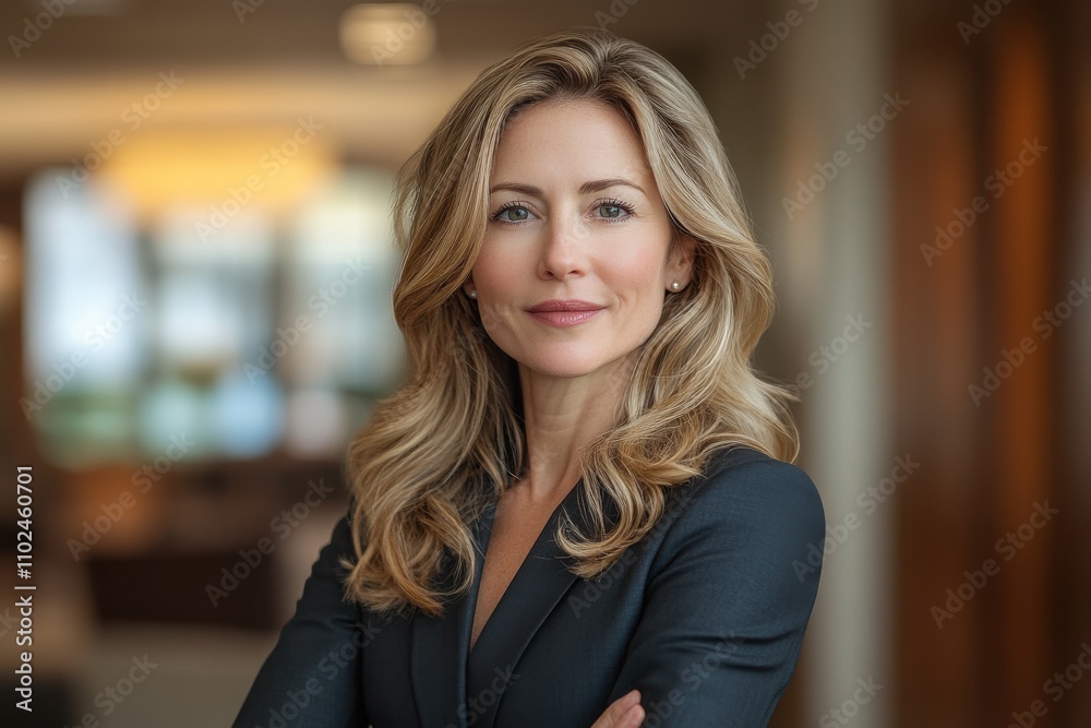 A woman with long blonde hair is wearing a black suit. Generative AI A woman with long blonde hair is wearing a black suit. Generative AI