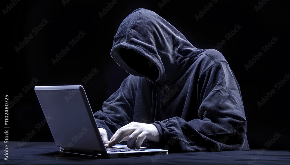 Hacker prints a code on a laptop keyboard to break into a cyberspace Hacker prints a code on a laptop keyboard to break into a cyberspace