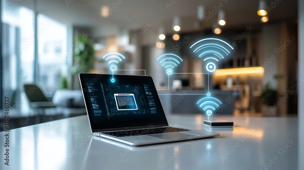 Modern Laptop with Wi-Fi Connectivity in a Stylish Interior Space Modern Laptop with Wi-Fi Connectivity in a Stylish Interior Space